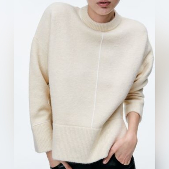 Zara Cream Sweater With White Piping Womens Small Crewneck Long Sleeved - Picture 1 of 13